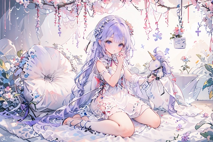 1girl,Purple hair, purple eyes, unicorn, white dress, young child, red bed,purple pillow, quilt,pink decoration, headband, silk, Kneel sitting loose hair