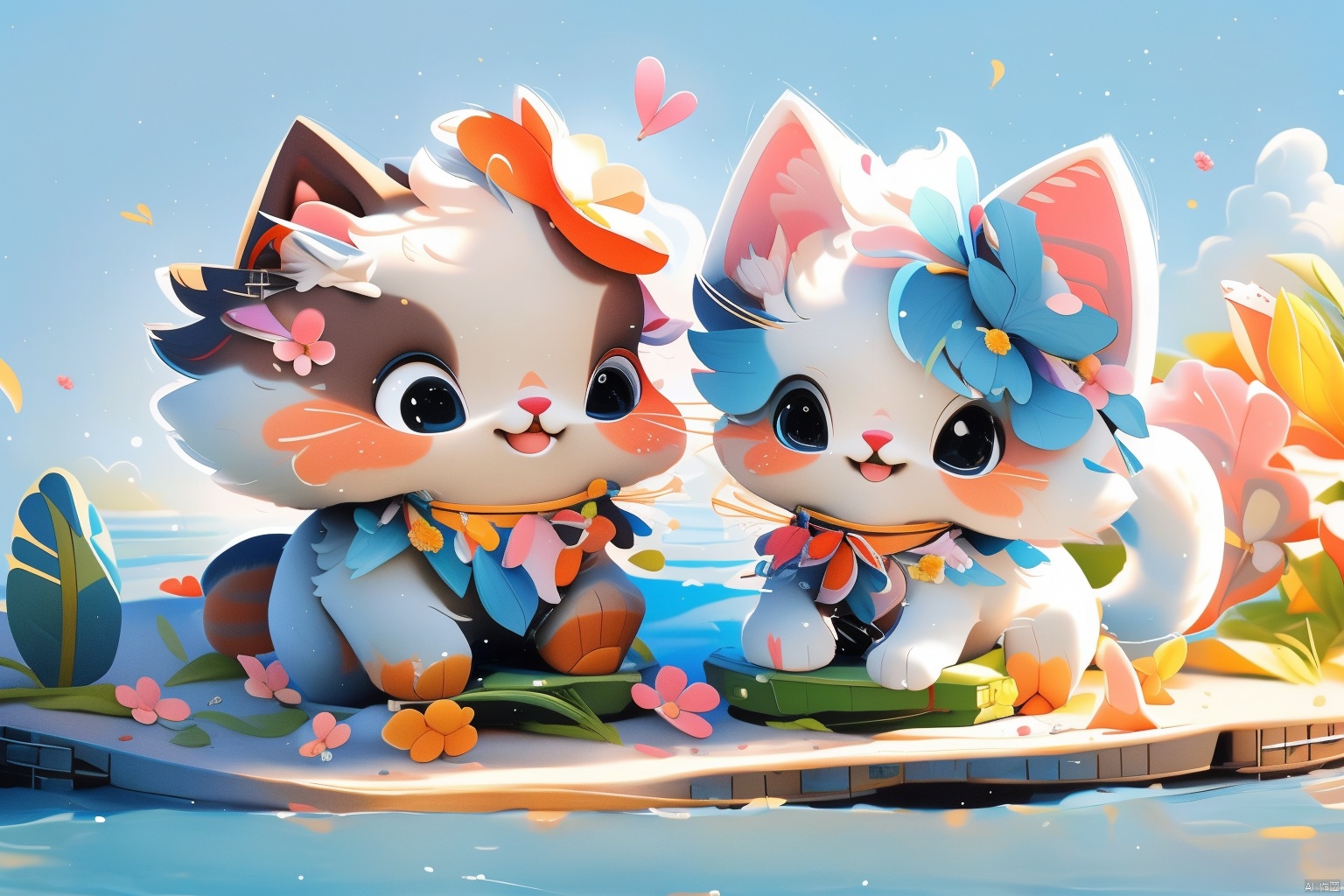  sunny,To play by the sea,
Bathing on the beach,
Camping, picnicking, feeling the wind.In Hainan, 
At this time mood at this time day, nothing little fairy., light master, （maomika：1.2）,(1cat:1.3),Lie on one's stomach, maomika, cat, Hanamawine, three views,cure, chibi, MG xiongmao, Dog_Teddy,
