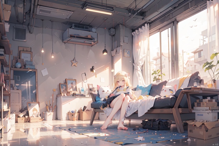 (((masterpiece,best quality))),((good structure)),((Good composition)), ((clear, original,beautiful)),1girl,long hair,fantasy theme, BJ_Gundam, 2D ConceptualDesign, cat,youkengi,blonde hair,barefoot, cat