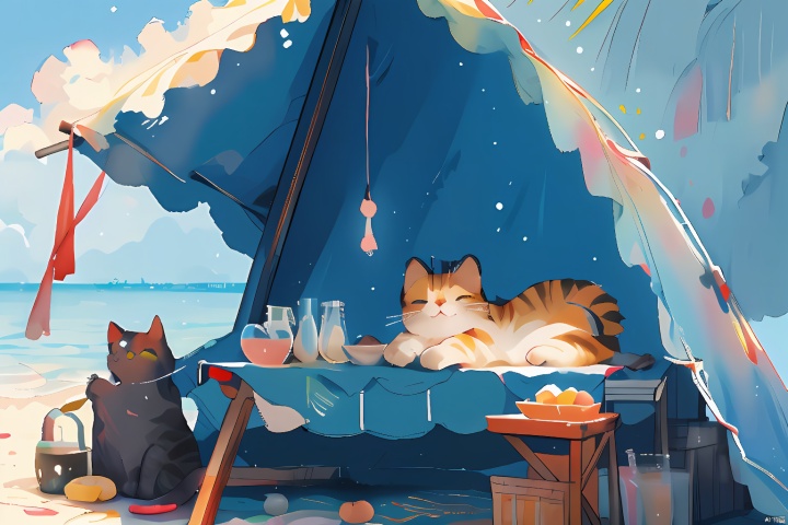  sunny,To play by the sea,
Bathing on the beach,
Camping, picnicking, feeling the wind.In Hainan, you can
Set up tables and chairs, put up a canopy, have wine and meat listen to the wind sleep.
At this time mood at this time day, nothing little fairy., light master, （maomika：1.2）,(cat:1.3),Lie on one'sstomach,maomika,cat,Hanamawine,山水, watercolor \(medium\)