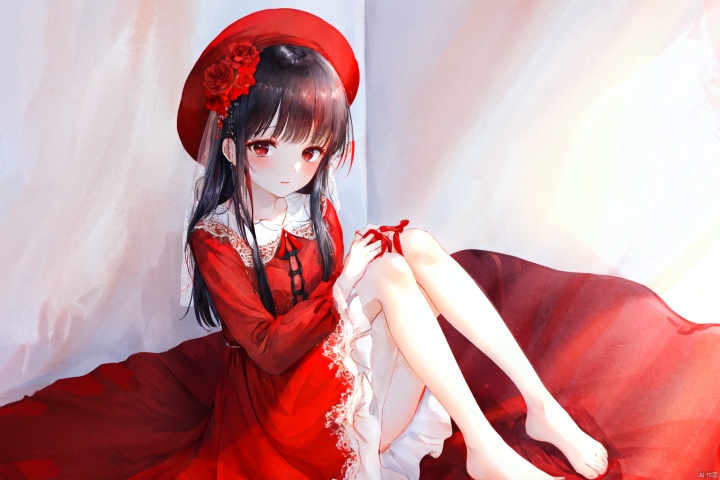 Bride, red dress, wedding dress, black hair, black eyes, red candle flame, colored bed, sitting, quiet, barefoot, gentle, cute,high quality, wallpaper，flowers，(（1girl）)，（solo:1.2），Bows, ribbons, dresses, felt hats, hair strands, cuties, leg loops