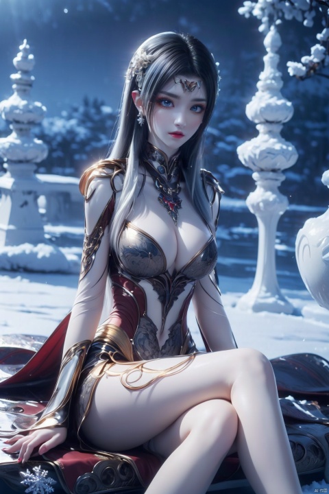  ((best quality)), ((masterpiece)), ((ultra-detailed)), extremely detailed CG, (illustration), ((detailed light)), (an extremely delicate and beautiful), a girl, solo, ((cute face)), expressionless, (beautiful detailed eyes), full breasts, (medium breasts:1.2), blue dragon eyes, (Vertical pupil:1.2), white hair, shiny hair, colored inner hair, [Armor_dress], blue_hair ornament, ice adorns hair,depth of field, [ice crystal], (snowflake), (\shuang hua\), 1girl,yellow_footwear,long_hair,black_hair, meidusha, gufengsw001, 7218, jiqing