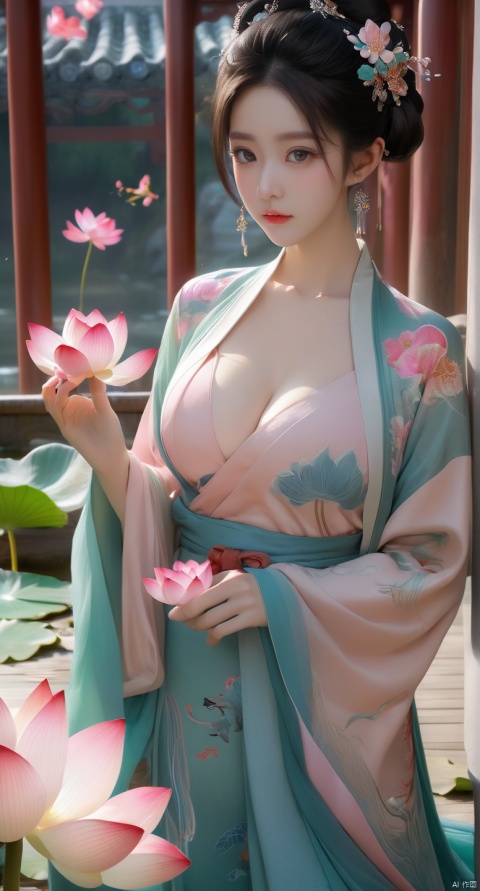  Best quality, Realistic, photorealistic, masterpiece, extremely detailed CG unity 8k wallpaper, best illumination, best shadow, huge filesize ,(huge breasts:2.3) incredibly absurdres, absurdres, looking at viewer, transparent, smog, gauze, vase, petals, room, ancient Chinese style, detailed background, wide shot background,
(((1gilr,black hair))),(Sitting on the lotus pond porch:1.39) ,(huge breasts:2.4),(A pond full of pink lotus flowers:1.3),close up of 1girl,Hairpins,hair ornament,hair wings,slim,narrow waist,(huge breasts:2.5),perfect eyes,beautiful perfect face,pleasant smile,perfect female figure,detailed skin,charming,alluring,seductive,erotic,enchanting,delicate pattern,detailed complex and rich exquisite clothing detail,delicate intricate fabrics,
Morning Serenade In the gentle morning glow, (a woman in a pink lotus-patterned Hanfu stands in an indoor courtyard:1.26),(Chinese traditional dragon and phoenix embroidered Hanfu:1.3), admiring the tranquil garden scenery. The lotus-patterned Hanfu, embellished with silver-thread embroidery, is softly illuminated by the morning light. The light mint green Hanfu imparts a sense of calm and freshness, adorned with delicate lotus patterns, with a blurred background to enhance the peaceful atmosphere,(huge breasts:2.7), puregirl, g009