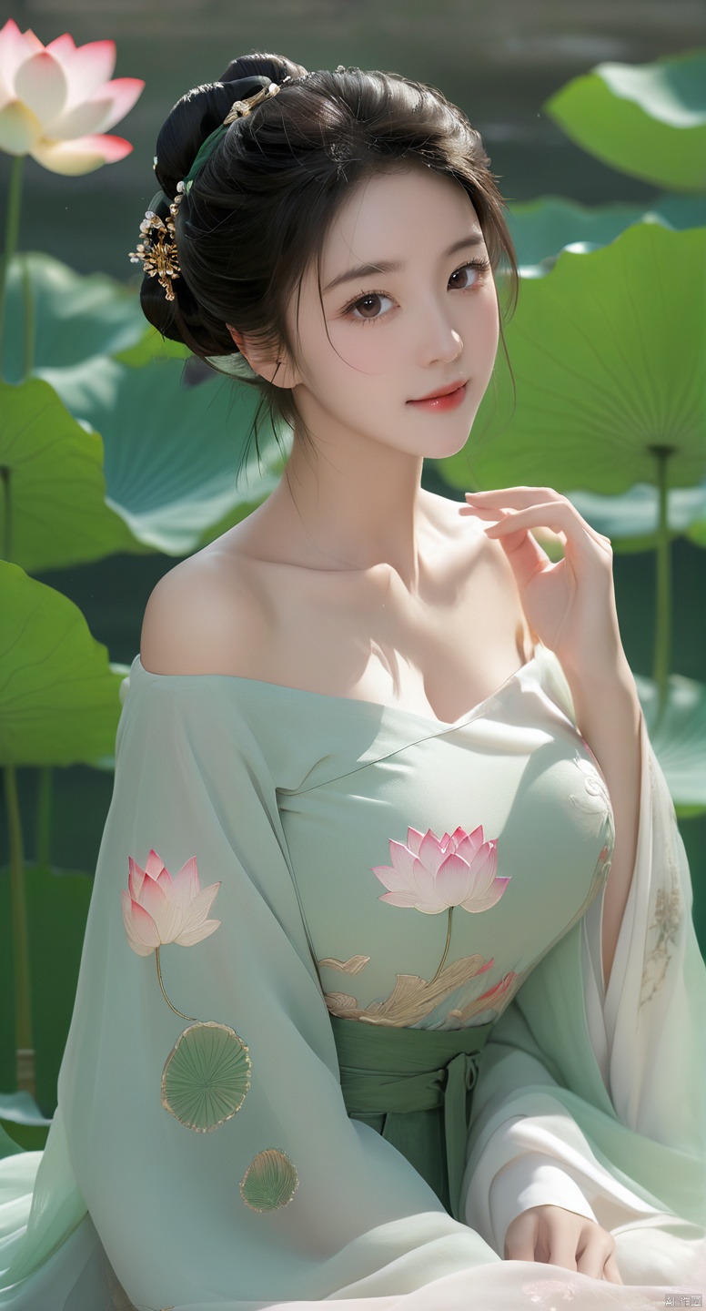  Best quality, Realistic, photorealistic, masterpiece, extremely detailed CG unity 8k wallpaper, best illumination, best shadow, huge filesize ,(huge breasts:2.3) incredibly absurdres, absurdres, looking at viewer, transparent, smog, gauze, vase, petals, room, ancient Chinese style, detailed background, wide shot background,
(((1gilr,black hair))),(Sitting on the lotus pond porch:1.39) ,(huge breasts:2.4),(A pond full of pink lotus flowers:1.3),close up of 1girl,Hairpins,hair ornament,hair wings,slim,narrow waist,(huge breasts:2.5),perfect eyes,beautiful perfect face,pleasant smile,perfect female figure,detailed skin,charming,alluring,seductive,erotic,enchanting,delicate pattern,detailed complex and rich exquisite clothing detail,delicate intricate fabrics,
Morning Serenade In the gentle morning glow, (a woman in a pink lotus-patterned Hanfu stands in an indoor courtyard:1.26),(Chinese traditional dragon and phoenix embroidered Hanfu:1.3), admiring the tranquil garden scenery. The lotus-patterned Hanfu, embellished with silver-thread embroidery, is softly illuminated by the morning light. The light mint green Hanfu imparts a sense of calm and freshness, adorned with delicate lotus patterns, with a blurred background to enhance the peaceful atmosphere,(huge breasts:2.7), puregirl