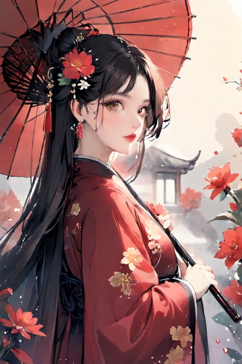  1girl, solo, long hair, looking at viewer, brown hair, black hair, hair ornament, long sleeves, holding, brown eyes, jewelry, closed mouth, standing, flower, earrings, artist name, hair flower, wide sleeves, lips, umbrella, chinese clothes, tassel, holding umbrella, red lips, oil-paper umbrella, hanfu