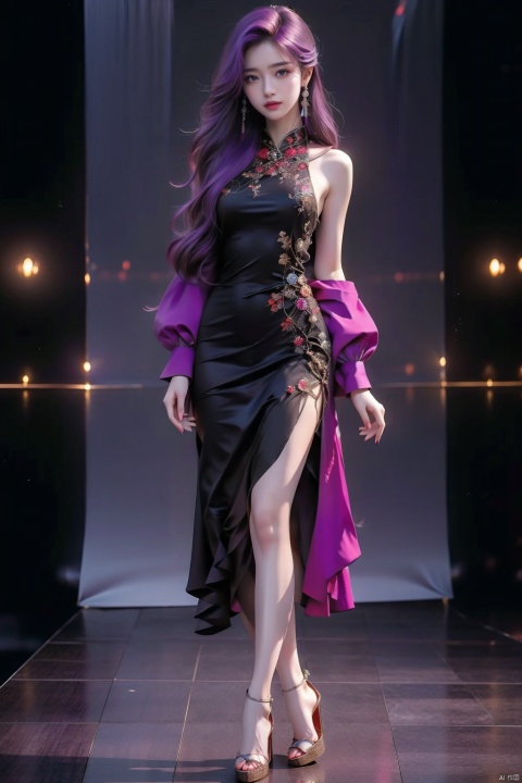 1 Asia girl, Cool girl,solo, long_hair, looking_at_viewer, Purple_hair, dress, brown_eyes, jewelry, standing, full_body, pantyhose, earrings, solo_focus, Models walked on the gorgeous catwalk,Tech inspired material dress, high_heels, realistic
