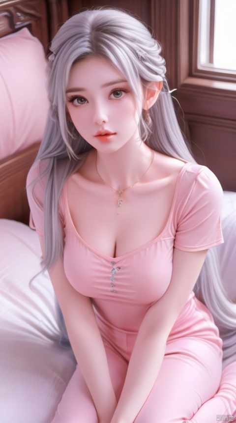 A girl with a well proportioned figure, chest, looking at the audience, sweet, big eyes, sitting, white hair, long hair, exquisite makeup, perfect facial features, lips, closed mouth, pink clothes, T-shirt, indoor, bed, sunshine, whole body, boots, jewelry