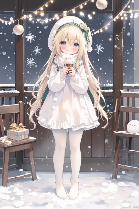  Best quality, Christmas, 1 girl, long blonde hair, blue eyes, cute, happy, blush, smile, anticipation, scarf, long hair, sweater, New Year, Off shoulder, white stockings, bottle, Long sleeve, solo, Standing, New Year, dress, no shoes, whole body, blush, puffy long sleeve, sweater dress, puffy sleeves, snow, snow, Wild, pine, Box, Christmas tree, Merry Christmas, holding presents, Christmas lights, looking at the audience, decorations, heart-shaped boxes(((white pantyhose,White Christmas socks:1.25))), furina, huohuohsr, barbaradef, focalors \(genshin impact\), keqingdef