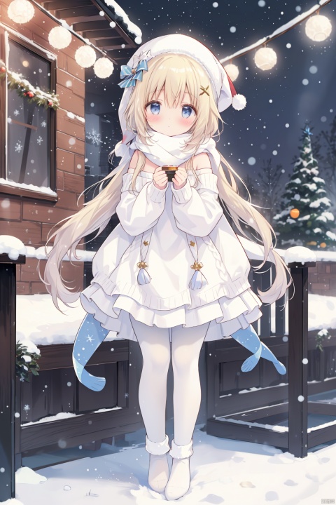 Best quality, Christmas, 1 girl, long blonde hair, blue eyes, cute, scarf, long hair, sweater, New Year, Off shoulder, white pantyhose, bottle, long sleeve, solo, standing, New Year, dress, no shoes, whole body, blurry, puffy long sleeve, sweater dress, puffy sleeves, snow, snow, field, pine, box, Christmas Tree, Merry Christmas, get presents, Christmas lights, look at the audience, decorations, heart-shaped boxes，(((white pantyhose,White Christmas socks:1.25))), furina, huohuohsr, barbaradef, focalors \(genshin impact\), keqingdef
