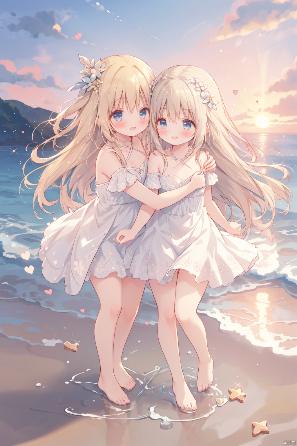  (Two girls), blue eyes, long blond hair, hugging each other, looking at me, no shoes, bare feet, (toddler), short legs, (holding out her hand to me), white garland on her head, white wedding dress, standing, happy, excited, blushing, smiling, shy, cute, masterpiece, best quality, anticipation, full body shot, (Lots of red hearts do decorations around the photo), feet with ocean, sunset, sunset, beach, beach, sunset close-up