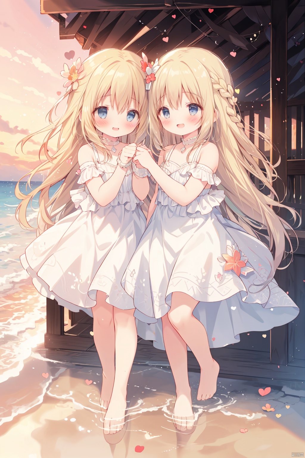  (Two girls), blue eyes, long blond hair, hugging each other, looking at me, no shoes, bare feet, (toddler), short legs, (holding out her hand to me), white garland on her head, white wedding dress, standing, happy, excited, blushing, smiling, shy, cute, masterpiece, best quality, anticipation, full body shot, (Lots of red hearts do decorations around the photo), feet with ocean, sunset, sunset, beach, beach, sunset close-up