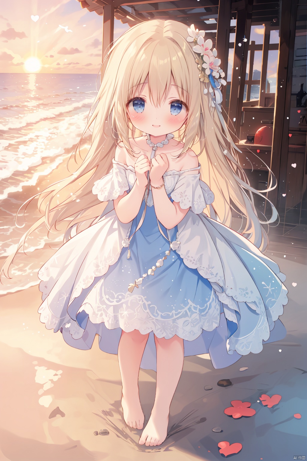 (Two girls), one *****, one child, blue eyes, long blond hair, holding each other, looking at me, no shoes, bare feet, (toddler), short legs, (holding out her hand to me), white garland on her head, white wedding dress, standing, happy, excited, blushing, smiling, shy, cute, masterpiece, best quality, anticipation, full body shot, (Lots of red hearts do decorations around the photo), feet with ocean, sunset, sunset, beach, beach, sunset close-up