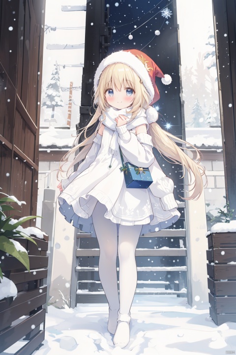 Best quality, Christmas, 1 girl, long blonde hair, blue eyes, cute, happy, blush, smile, anticipation, scarf, long hair, sweater, New Year, Off shoulder, white stockings, bottle, Long sleeve, solo, Standing, New Year, dress, no shoes, whole body, blush, puffy long sleeve, sweater dress, puffy sleeves, snow, snow, Wild, pine, Box, Christmas tree, Merry Christmas, holding presents, Christmas lights, looking at the audience, decorations, heart-shaped boxes(((white pantyhose,White Christmas socks:1.25))), furina, huohuohsr, barbaradef, focalors \(genshin impact\), keqingdef