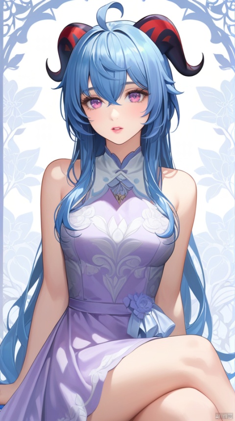  (best quality), ((masterpiece)), (highres), illustration, original, extremely detailed wallpaper.1girl, solo, long hair, blue hair, ganyu \(genshin impact\), horns, looking at viewer, dress, ahoge, sitting, bangs, flower, pink dress, nail polish, parted lips, sleeveless, blush, purple eyes, sidelocks, white background, alternate costume, hair between eyes, blue nails