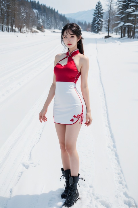 Taking photos in thick snow, full body qipao, perspective clothing, wet clothes, panoramic full body photos, black hair floating in the wind, award-winning photography, best picture quality, high quality, exquisite details, perfect body proportions, high resolution, looking at the camera, atmosphere, rich details, ray tracing, {best quality}, {masterpiece}}, original, extreme detailed 8K wallpaper, {an extreme delegate and beautiful} Detail, artbook, near figure, huge chest, slim waist , 1girl