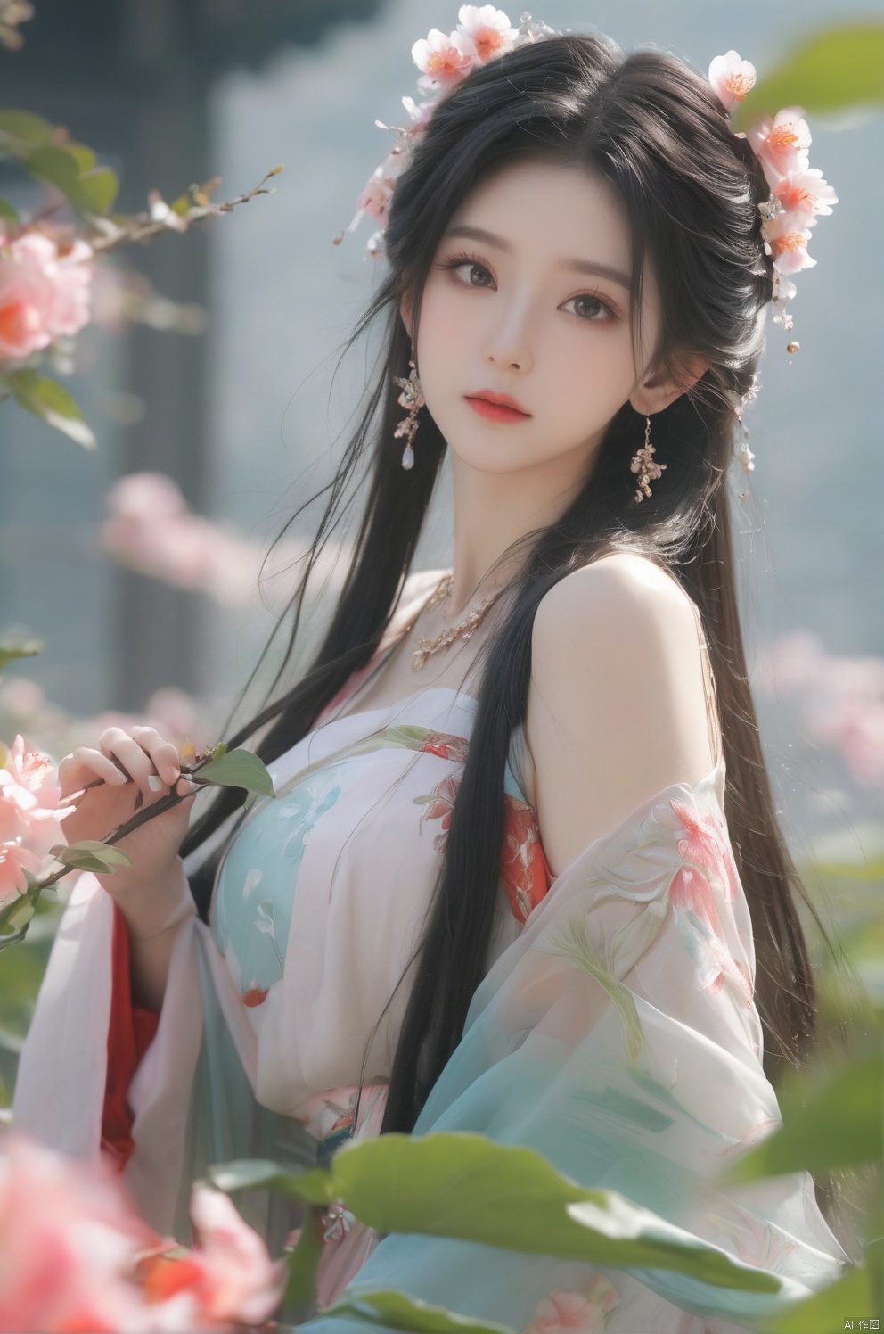 arien_hanfu,1girl, solo, flower, long hair, black hair, hair ornament, (big breasts:1.79),hair flower, blue|green eyes, floral print, chinese clothes, looking at viewer, detached sleeves, upper body, white flower, parted lips, dress, pink flower, china dress, bare shoulders, blush, red flower, eyelashes, white dress, lips, sleeveless, parted bangs, grey background, gongzhuqie, neon_dress,huansha, glowing,lens flare,big leaf,plant, wind, chang,(big breasts:1.99), light master, MAJICMIX STYLE