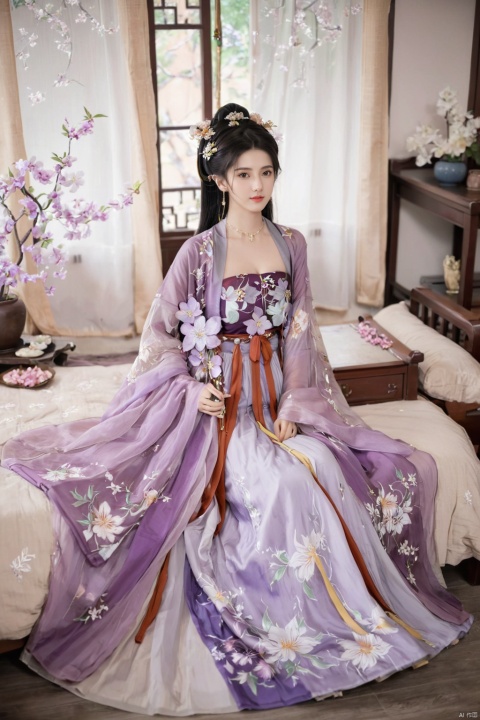  1girl, solo, long hair, white hair,Hairpins,necklace, hair ornament, long dress, full body, flower, earrings, indoors, hair bun, purple dress,(Tube top Hanfu long skirt:1.2), pillow, bed, night, chinese clothes, table, branch,daxiushan, ,daxiushan style,(huge breasts:2.1), (full breasts:1.7), realistic,hanfu, daxiushan,Shoulders are exposed, , daxiushan, arien_hanfu