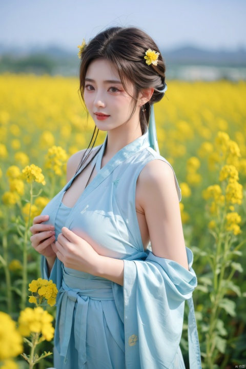  Enhanced, masterpiece, 16K, girl, Solo, Flower Field, rape flower, (\meng ze\), yue , hair ornament , hanfu,(big breasts:1.39)