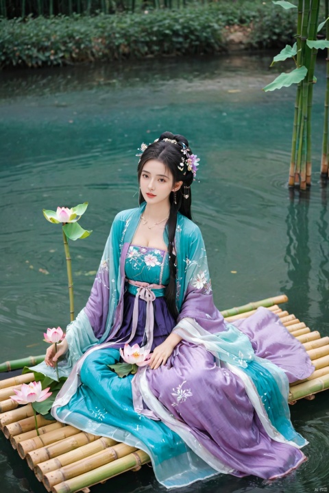  1girl, solo, long hair, white hair,Hairpins,necklace, hair ornament, long dress, full body, flower, earrings, (A beautiful girl sitting on a bamboo raft in the water, swimming downstream:1.2), (Huge lotus, rain:1.2), (full body), (aqua_china_dress:1.2), hair bun, (purple dress:1.1),(Tube top Hanfu long skirt:1.2), pillow, bed, night, chinese clothes, table, branch,daxiushan, ,daxiushan style,(huge breasts:2.1), (full breasts:1.7), realistic,hanfu, daxiushan,Shoulders are exposed, , daxiushan, arien_hanfu