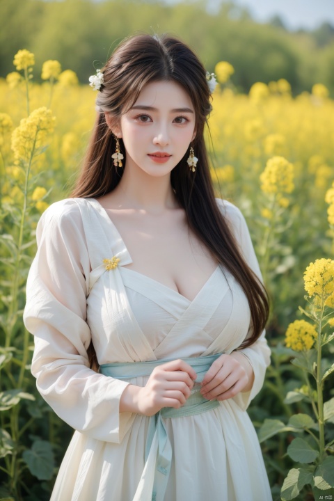  Enhanced, masterpiece, 16K, girl, Solo, Flower Field, rape flower, (\meng ze\), yue , hair ornament , hanfu,(big breasts:1.39)