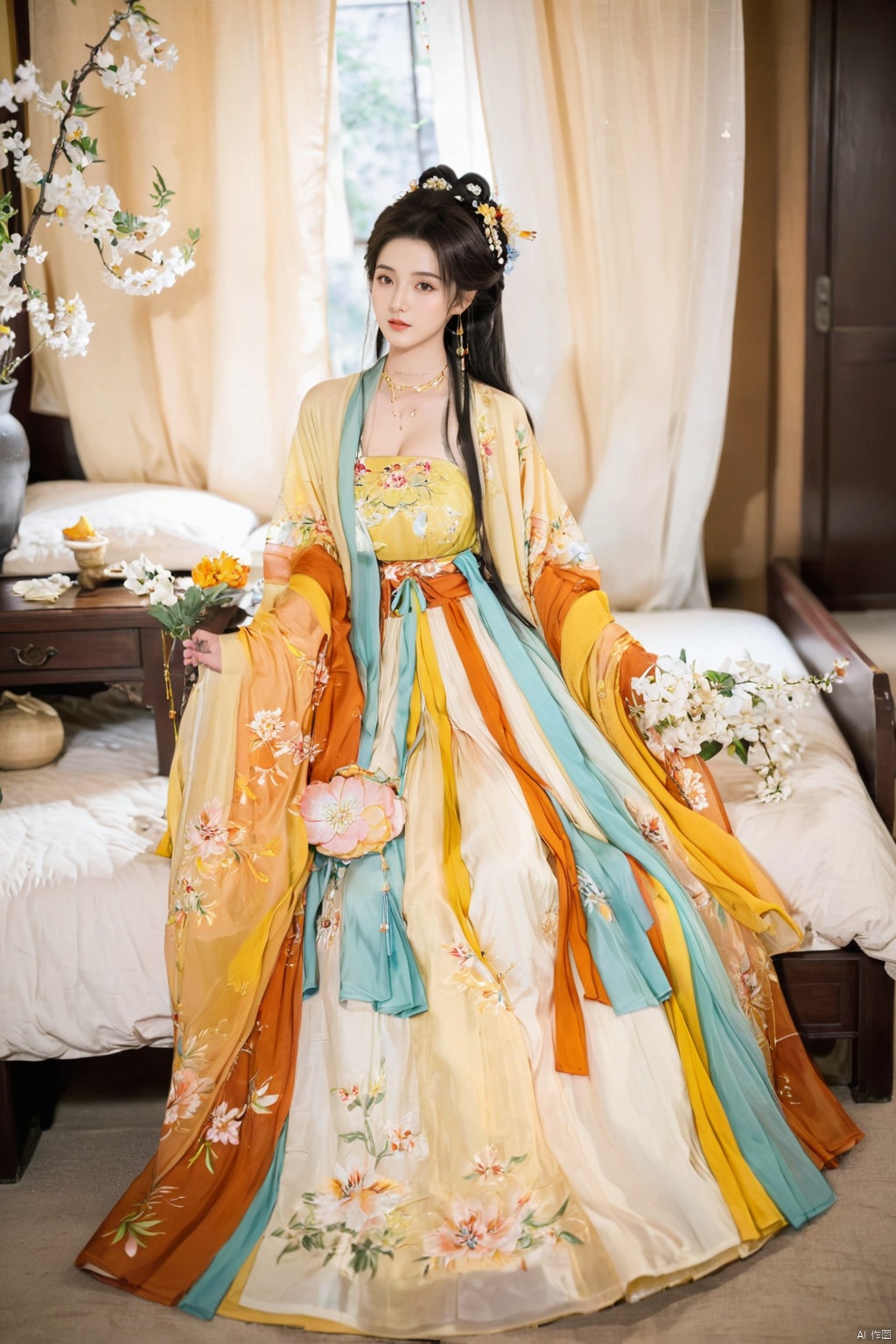  1girl, solo, long hair, white hair,Hairpins,necklace, hair ornament, long dress, full body, flower, earrings, indoors, hair bun, yellow dress,(Tube top Hanfu long skirt:1.2), pillow, bed, night, chinese clothes, table, branch,daxiushan, ,daxiushan style,(huge breasts:2.1), (full breasts:1.7), realistic,hanfu, daxiushan,Shoulders are exposed, , daxiushan, arien_hanfu