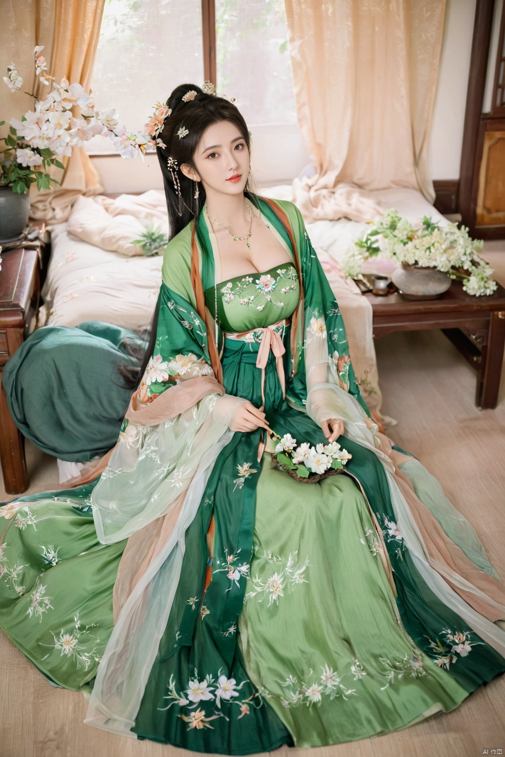  1girl, solo, long hair, white hair,Hairpins,necklace, hair ornament, long dress, full body, flower, earrings, indoors, hair bun, green dress,(Tube top Hanfu long skirt:1.2), pillow, bed, night, chinese clothes, table, branch,daxiushan, ,daxiushan style,(huge breasts:2.1), (full breasts:1.7), realistic,hanfu, daxiushan,Shoulders are exposed, , daxiushan, arien_hanfu