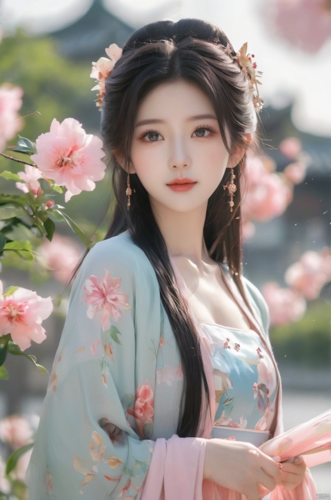 arien_hanfu,1girl, solo, flower, long hair, black hair, hair ornament, (big breasts:1.79),hair flower, blue|green eyes, floral print, chinese clothes, looking at viewer, detached sleeves, upper body, white flower, parted lips, dress, pink flower, china dress, bare shoulders, blush, red flower, eyelashes, white dress, lips, sleeveless, parted bangs, grey background, gongzhuqie, neon_dress,huansha, glowing,lens flare,big leaf,plant, wind, chang,(big breasts:1.99), light master, MAJICMIX STYLE