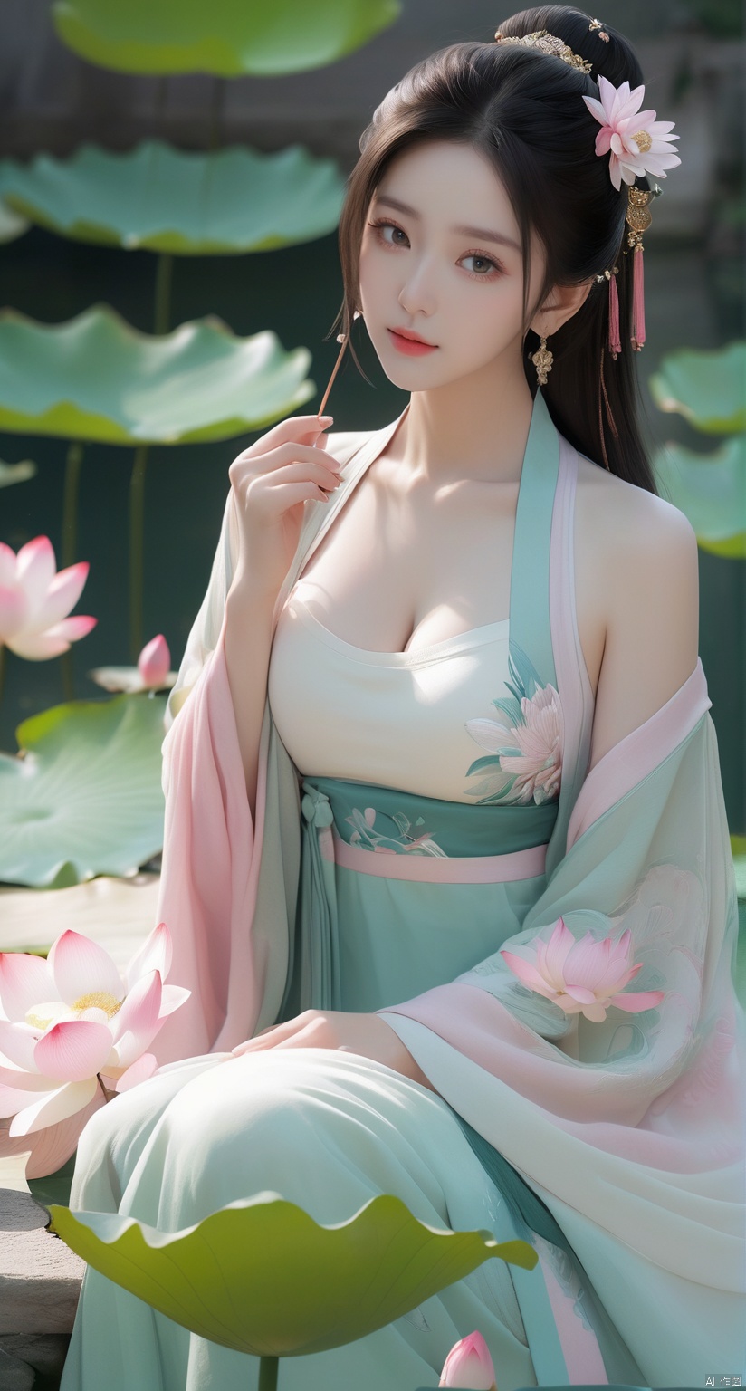  Best quality, Realistic, photorealistic, masterpiece, extremely detailed CG unity 8k wallpaper, best illumination, best shadow, huge filesize ,(huge breasts:2) incredibly absurdres, absurdres, looking at viewer, transparent, smog, gauze, vase, petals, room, ancient Chinese style, detailed background, wide shot background,
(((1gilr,black hair))),(Sitting on the lotus pond porch:1.39) ,(huge breasts:2.4),(A pond full of pink lotus flowers:1.3),close up of 1girl,Hairpins,hair ornament,hair wings,slim,narrow waist,(huge breasts:2.3),perfect eyes,beautiful perfect face,pleasant smile,perfect female figure,detailed skin,charming,alluring,seductive,erotic,enchanting,delicate pattern,detailed complex and rich exquisite clothing detail,delicate intricate fabrics,
Morning Serenade In the gentle morning glow, (a woman in a pink lotus-patterned Hanfu stands in an indoor courtyard:1.26),(Chinese traditional dragon and phoenix embroidered Hanfu:1.3), admiring the tranquil garden scenery. The lotus-patterned Hanfu, embellished with silver-thread embroidery, is softly illuminated by the morning light. The light mint green Hanfu imparts a sense of calm and freshness, adorned with delicate lotus patterns, with a blurred background to enhance the peaceful atmosphere,(huge breasts:2.5), puregirl, g009