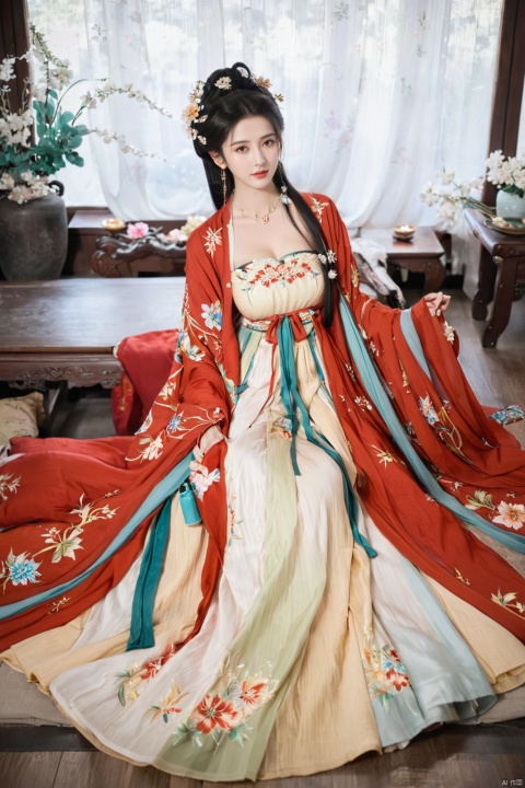  1girl, solo, long hair, white hair,Hairpins,necklace, hair ornament, long dress, full body, flower, earrings, indoors, hair bun, red dress,(Tube top Hanfu long skirt:1.2), pillow, bed, night, chinese clothes, table, branch,daxiushan, ,daxiushan style,(huge breasts:2.1), (full breasts:1.7), realistic,hanfu, daxiushan,Shoulders are exposed, , daxiushan, arien_hanfu