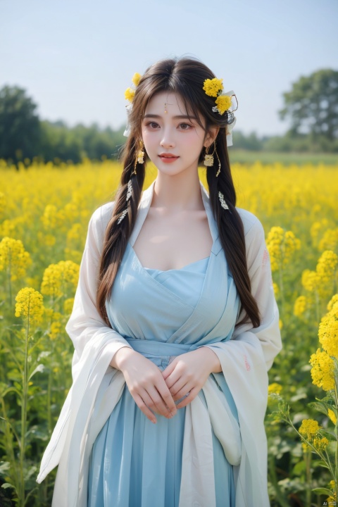  Enhanced, masterpiece, 16K, girl, Solo, Flower Field, rape flower, (\meng ze\), yue , hair ornament , hanfu,(big breasts:1.39)