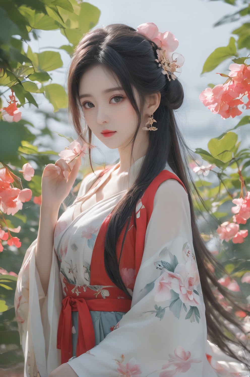 arien_hanfu,1girl, solo, flower, long hair, black hair, hair ornament, (big breasts:1.79),hair flower, blue|green eyes, floral print, chinese clothes, looking at viewer, detached sleeves, upper body, white flower, parted lips, dress, pink flower, china dress, bare shoulders, blush, red flower, eyelashes, white dress, lips, sleeveless, parted bangs, grey background, gongzhuqie, neon_dress,huansha, glowing,lens flare,big leaf,plant, wind, chang,(big breasts:1.99), light master, MAJICMIX STYLE