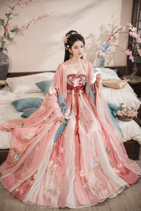  1girl, solo, long hair, white hair,Hairpins,necklace, hair ornament, long dress, full body, flower, earrings, indoors, hair bun, pink dress,(Tube top Hanfu long skirt:1.2), pillow, bed, night, chinese clothes, table, branch,daxiushan, ,daxiushan style,(huge breasts:2.1), (full breasts:1.7), realistic,hanfu, daxiushan,Shoulders are exposed, , daxiushan, arien_hanfu