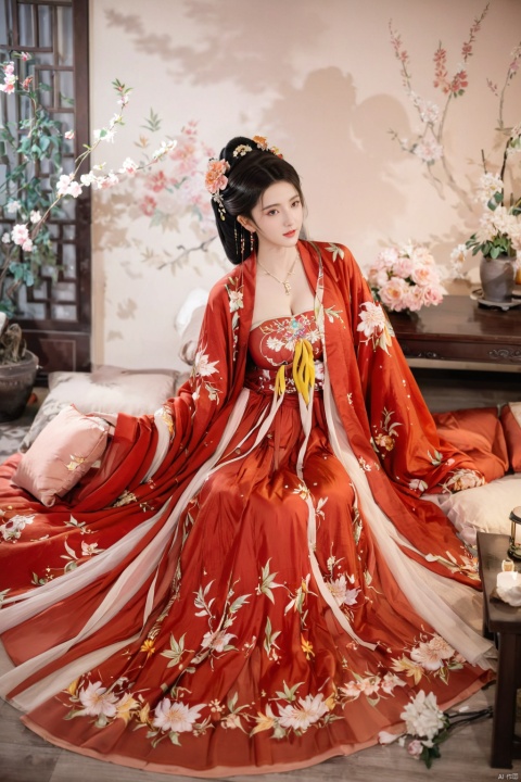  1girl, solo, long hair, white hair,Hairpins,necklace, hair ornament, long dress, full body, flower, earrings, indoors, hair bun, red dress,(Tube top Hanfu long skirt:1.2), pillow, bed, night, chinese clothes, table, branch,daxiushan, ,daxiushan style,(huge breasts:2.1), (full breasts:1.7), realistic,hanfu, daxiushan,Shoulders are exposed, , daxiushan, arien_hanfu