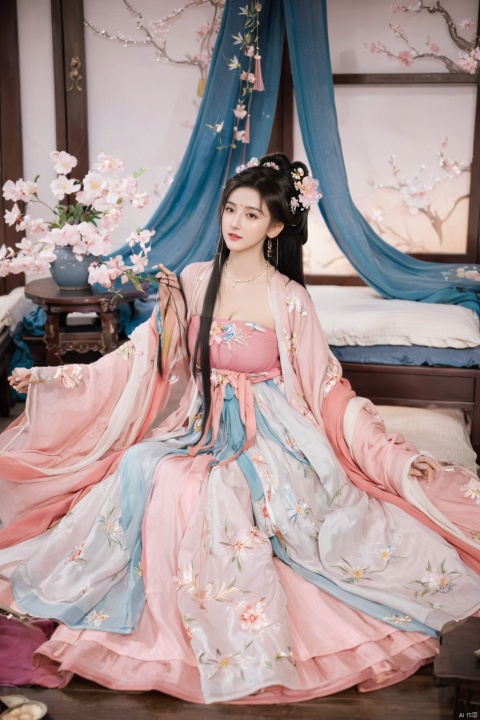  1girl, solo, long hair, white hair,Hairpins,necklace, hair ornament, long dress, full body, flower, earrings, indoors, hair bun, pink dress,(Tube top Hanfu long skirt:1.2), pillow, bed, night, chinese clothes, table, branch,daxiushan, ,daxiushan style,(huge breasts:2.1), (full breasts:1.7), realistic,hanfu, daxiushan,Shoulders are exposed, , daxiushan, arien_hanfu