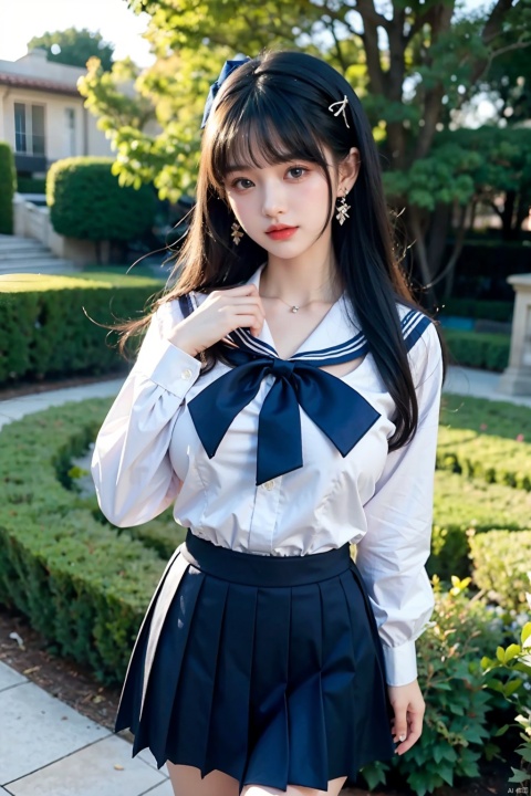  1girl, long hair, shirt, skirt, hair ornament,bangs, jewelry, earrings,cowboy shot,school uniform, red bowtie,(big breasts:1.49), bangs,sailor collar,blue sailor collar,black hair, white shirt, blue skirt, red bow, pleated skirt, pleated dress,long sleeves, look at viewer,outdoors, (Sunny Day, Walking in the Garden), (masterpiece, best quality),