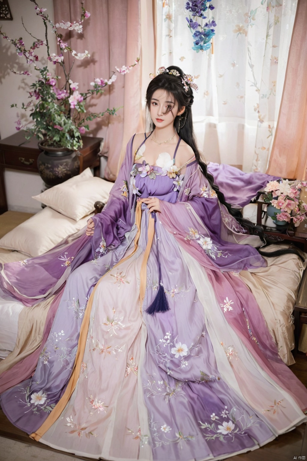 1girl, solo, long hair, white hair,Hairpins,necklace, hair ornament, long dress, full body, flower, earrings, indoors, hair bun, purple dress,(Tube top Hanfu long skirt:1.2), pillow, bed, night, chinese clothes, table, branch,daxiushan, ,daxiushan style,(huge breasts:2.1), (full breasts:1.7), realistic,hanfu, daxiushan,Shoulders are exposed, , daxiushan, arien_hanfu