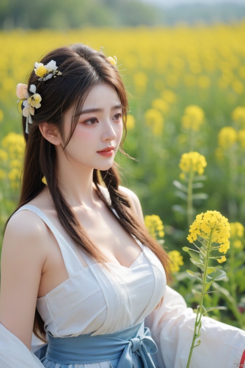  Enhanced, masterpiece, 16K, girl, Solo, Flower Field, rape flower, (\meng ze\), yue , hair ornament , hanfu,(big breasts:1.39)