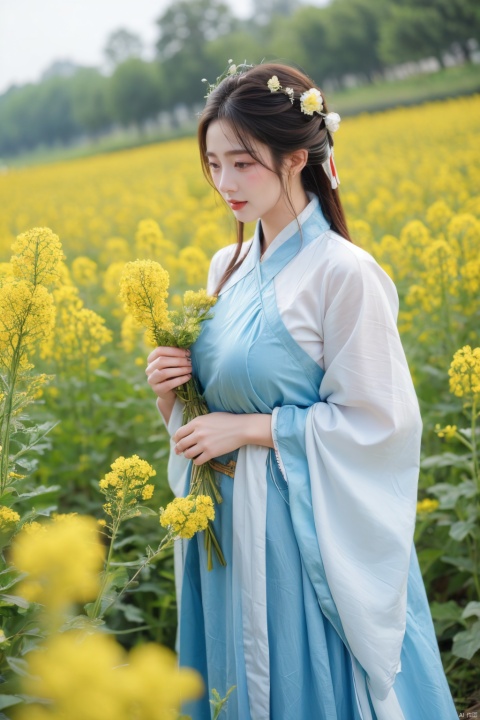  Enhanced, masterpiece, 16K, girl, Solo, Flower Field, rape flower, (\meng ze\), yue , hair ornament , hanfu,(big breasts:1.39)