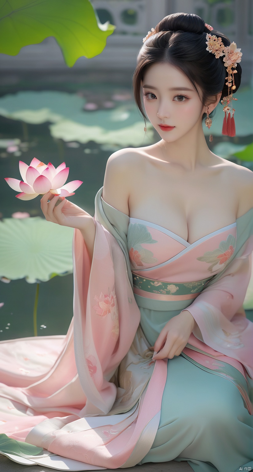  Best quality, Realistic, photorealistic, masterpiece, extremely detailed CG unity 8k wallpaper, best illumination, best shadow, huge filesize ,(huge breasts:2) incredibly absurdres, absurdres, looking at viewer, transparent, smog, gauze, vase, petals, room, ancient Chinese style, detailed background, wide shot background,
(((1gilr,black hair))),(Sitting on the lotus pond porch:1.39) ,(huge breasts:2.1),(A pond full of pink lotus flowers:1.3),close up of 1girl,Hairpins,hair ornament,hair wings,slim,narrow waist,(huge breasts:2.3),perfect eyes,beautiful perfect face,pleasant smile,perfect female figure,detailed skin,charming,alluring,seductive,erotic,enchanting,delicate pattern,detailed complex and rich exquisite clothing detail,delicate intricate fabrics,
Morning Serenade In the gentle morning glow, (a woman in a pink lotus-patterned Hanfu stands in an indoor courtyard:1.26),(Chinese traditional dragon and phoenix embroidered Hanfu:1.3), admiring the tranquil garden scenery. The lotus-patterned Hanfu, embellished with silver-thread embroidery, is softly illuminated by the morning light. The light mint green Hanfu imparts a sense of calm and freshness, adorned with delicate lotus patterns, with a blurred background to enhance the peaceful atmosphere,(huge breasts:2.3), puregirl, g009