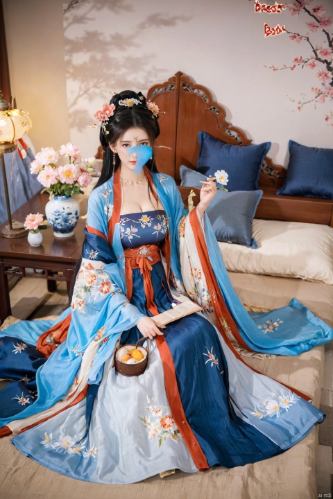  1girl, solo, long hair, white hair,Hairpins,necklace, hair ornament, long dress, full body, flower, earrings, indoors, hair bun, blue dress,(Tube top Hanfu long skirt:1.2), pillow, bed, night, chinese clothes, table, branch,daxiushan, ,daxiushan style,(huge breasts:2.1), (full breasts:1.7), realistic,hanfu, daxiushan,Shoulders are exposed, , daxiushan, arien_hanfu