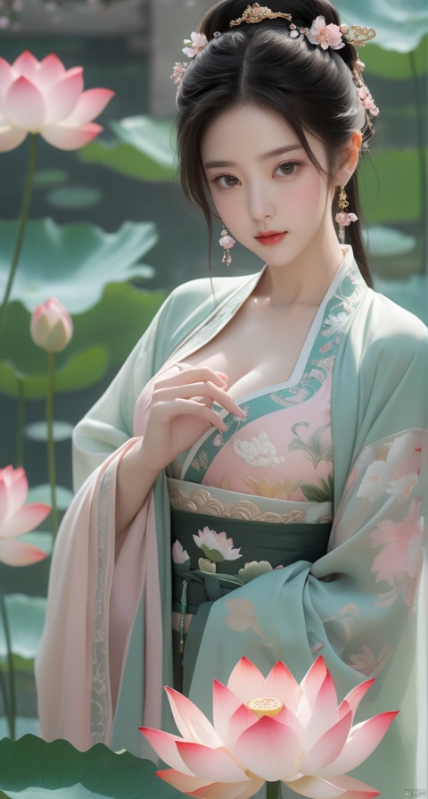  Best quality, Realistic, photorealistic, masterpiece, extremely detailed CG unity 8k wallpaper, best illumination, best shadow, huge filesize ,(huge breasts:2) incredibly absurdres, absurdres, looking at viewer, transparent, smog, gauze, vase, petals, room, ancient Chinese style, detailed background, wide shot background,
(((1gilr,black hair))),(Sitting on the lotus pond porch:1.39) ,(huge breasts:2.1),(A pond full of pink lotus flowers:1.3),close up of 1girl,Hairpins,hair ornament,hair wings,slim,narrow waist,(huge breasts:2.3),perfect eyes,beautiful perfect face,pleasant smile,perfect female figure,detailed skin,charming,alluring,seductive,erotic,enchanting,delicate pattern,detailed complex and rich exquisite clothing detail,delicate intricate fabrics,
Morning Serenade In the gentle morning glow, (a woman in a pink lotus-patterned Hanfu stands in an indoor courtyard:1.26),(Chinese traditional dragon and phoenix embroidered Hanfu:1.3), admiring the tranquil garden scenery. The lotus-patterned Hanfu, embellished with silver-thread embroidery, is softly illuminated by the morning light. The light mint green Hanfu imparts a sense of calm and freshness, adorned with delicate lotus patterns, with a blurred background to enhance the peaceful atmosphere,(huge breasts:2.3), puregirl, g009