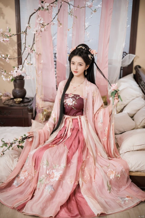  1girl, solo, long hair, black hair,Hairpins,necklace, hair ornament, long dress, full body, flower, earrings, indoors, hair bun, pink dress,(Tube top Hanfu long skirt:1.1), pillow, bed, night, chinese clothes, table, branch,daxiushan, ,daxiushan style,(huge breasts:1.7), (full breasts), realistic,hanfu, daxiushan,Shoulders are exposed, , daxiushan, arien_hanfu