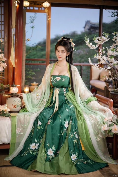  1girl, solo, long hair, white hair,Hairpins,necklace, hair ornament, long dress, full body, flower, earrings, indoors, hair bun, green dress,(Tube top Hanfu long skirt:1.2), pillow, bed, night, chinese clothes, table, branch,daxiushan, ,daxiushan style,(huge breasts:2.1), (full breasts:1.7), realistic,hanfu, daxiushan,Shoulders are exposed, , daxiushan, arien_hanfu