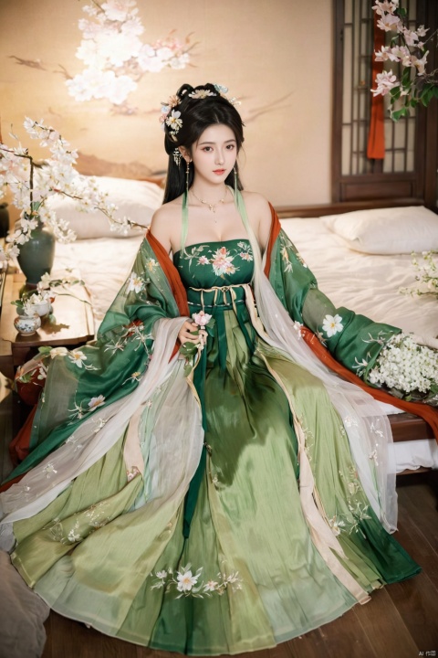  1girl, solo, long hair, white hair,Hairpins,necklace, hair ornament, long dress, full body, flower, earrings, indoors, hair bun, green dress,(Tube top Hanfu long skirt:1.2), pillow, bed, night, chinese clothes, table, branch,daxiushan, ,daxiushan style,(huge breasts:2.1), (full breasts:1.7), realistic,hanfu, daxiushan,Shoulders are exposed, , daxiushan, arien_hanfu