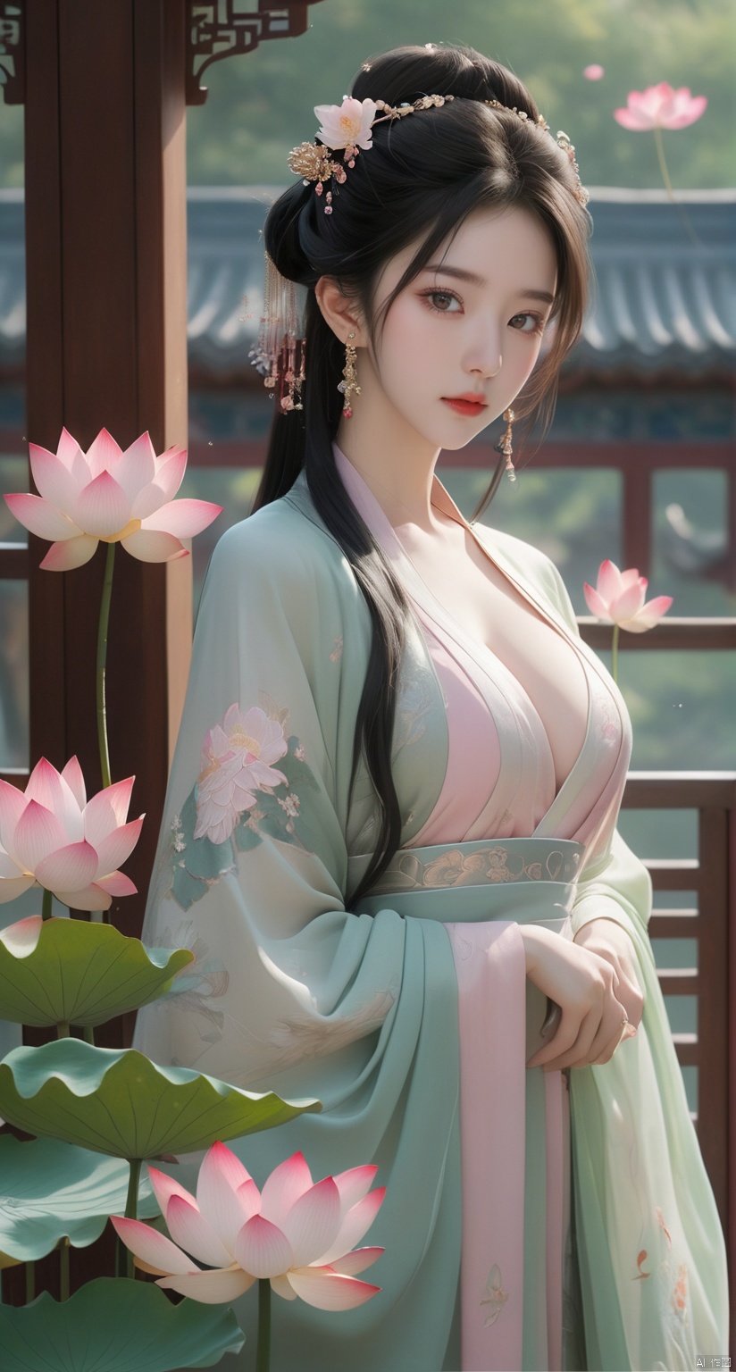 Best quality, Realistic, photorealistic, masterpiece, extremely detailed CG unity 8k wallpaper, best illumination, best shadow, huge filesize ,(huge breasts:2) incredibly absurdres, absurdres, looking at viewer, transparent, smog, gauze, vase, petals, room, ancient Chinese style, detailed background, wide shot background,
(((1gilr,black hair))),(Sitting on the lotus pond porch:1.39) ,(huge breasts:2.1),(A pond full of pink lotus flowers:1.3),close up of 1girl,Hairpins,hair ornament,hair wings,slim,narrow waist,(huge breasts:2.3),perfect eyes,beautiful perfect face,pleasant smile,perfect female figure,detailed skin,charming,alluring,seductive,erotic,enchanting,delicate pattern,detailed complex and rich exquisite clothing detail,delicate intricate fabrics,
Morning Serenade In the gentle morning glow, (a woman in a pink lotus-patterned Hanfu stands in an indoor courtyard:1.26),(Chinese traditional dragon and phoenix embroidered Hanfu:1.3), admiring the tranquil garden scenery. The lotus-patterned Hanfu, embellished with silver-thread embroidery, is softly illuminated by the morning light. The light mint green Hanfu imparts a sense of calm and freshness, adorned with delicate lotus patterns, with a blurred background to enhance the peaceful atmosphere,(huge breasts:2.3), puregirl, g009