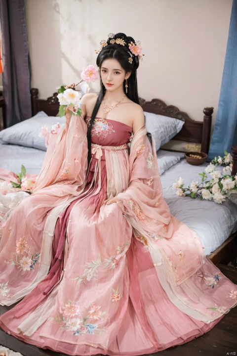  1girl, solo, long hair, black hair,Hairpins,necklace, hair ornament, long dress, full body, flower, earrings, indoors, hair bun, pink dress,(Tube top Hanfu long skirt:1.1), pillow, bed, night, chinese clothes, table, branch,daxiushan, ,daxiushan style,(huge breasts:1.7), (full breasts), realistic,hanfu, daxiushan,Shoulders are exposed, , daxiushan, arien_hanfu