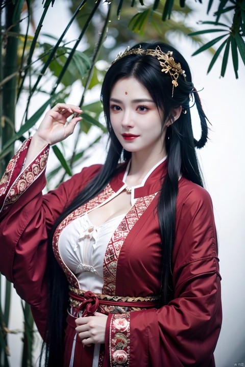  1girl, solo, long hair, black hair, hair ornament, bag, blurry, black eyes, chinese clothes, realistic, bamboo, hanfu, hanfu zhanguo,(big breasts:1.39),