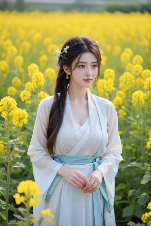  Enhanced, masterpiece, 16K, girl, Solo, Flower Field, rape flower, (\meng ze\), yue , hair ornament , hanfu,(big breasts:1.36)