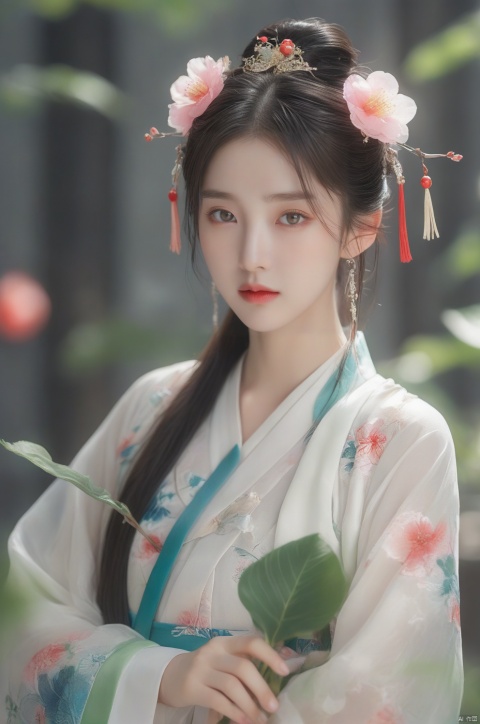  arien_hanfu,1girl, solo, flower, long hair, black hair, hair ornament, (huge breasts:1.99),hair flower, blue|green eyes, floral print, chinese clothes, looking at viewer, detached sleeves, upper body, white flower, parted lips, dress, pink flower, china dress, bare shoulders, blush, red flower, eyelashes, white dress, lips, sleeveless, parted bangs, grey background, gongzhuqie, neon_dress,huansha, glowing,lens flare,big leaf,plant, wind, chang,(huge breasts:2.2), light master, MAJICMIX STYLE