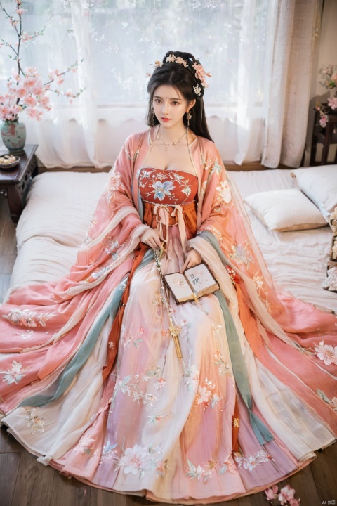  1girl, solo, long hair, white hair,Hairpins,necklace, hair ornament, long dress, full body, flower, earrings, indoors, hair bun, pink dress,(Tube top Hanfu long skirt:1.2), pillow, bed, night, chinese clothes, table, branch,daxiushan, ,daxiushan style,(huge breasts:2.1), (full breasts:1.7), realistic,hanfu, daxiushan,Shoulders are exposed, , daxiushan, arien_hanfu